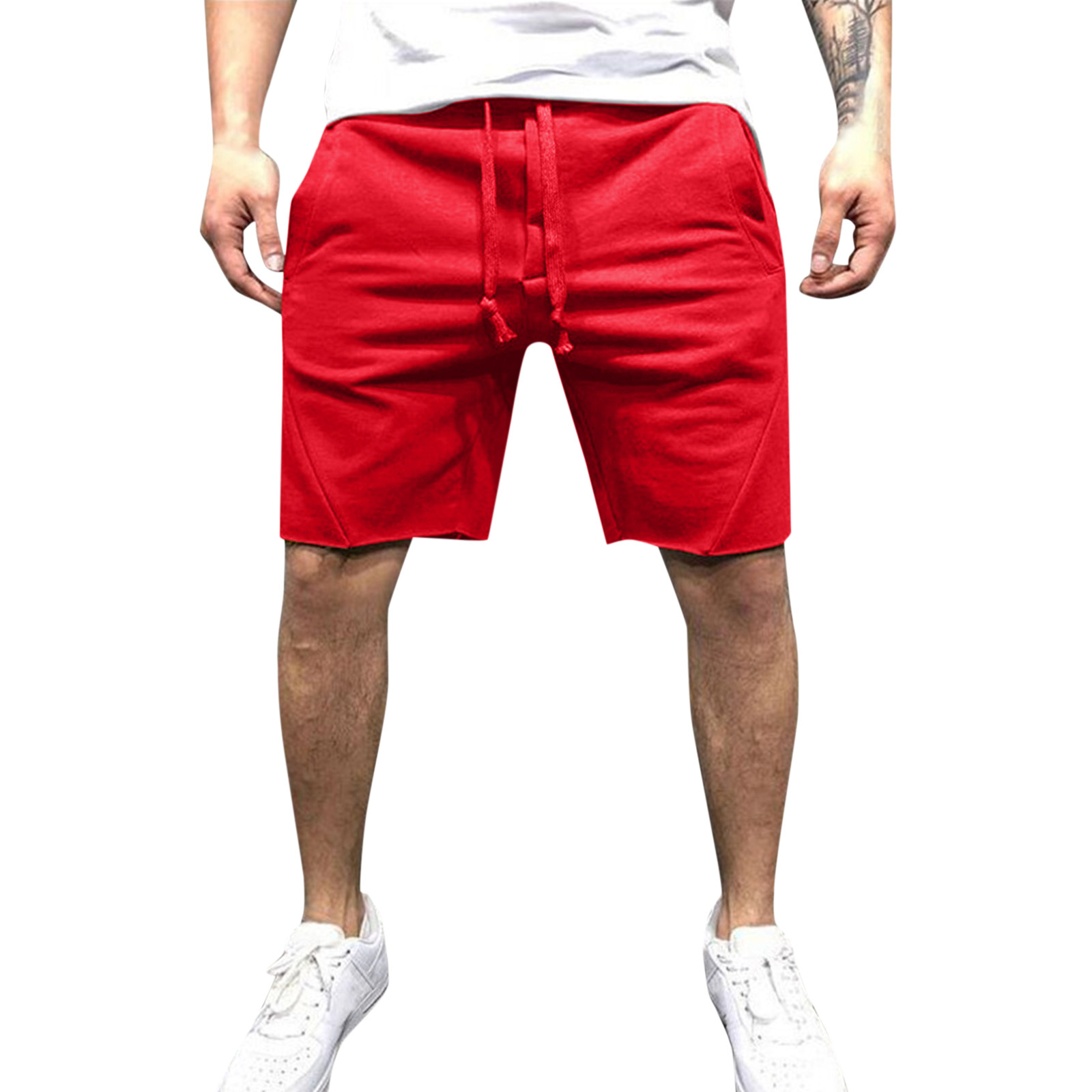 thumbnail image 1 of Pantalones cortos casuales de cintura media con cordón y bolsillo hasta la rodilla para hombre: poliéster/algodón, corte holgado, ropa deportiva de verano, 1 par, 1 of 6